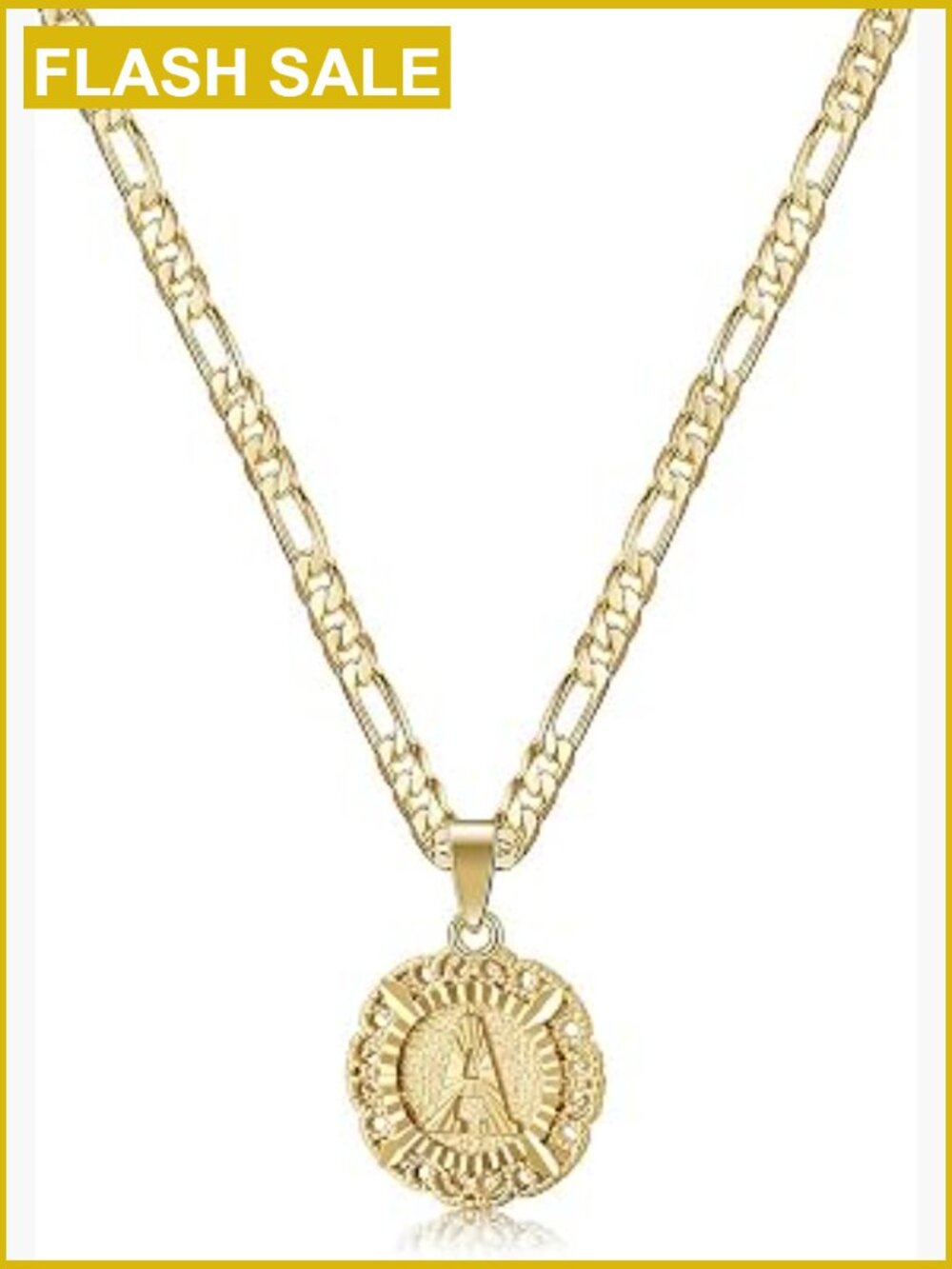 Initial Letter Pendant Necklace 14K Gold Plated Figaro Chain